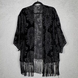Express Top Womens One Size Black Open Front Wrap Velvet‎ Burnout Kimono Fringe